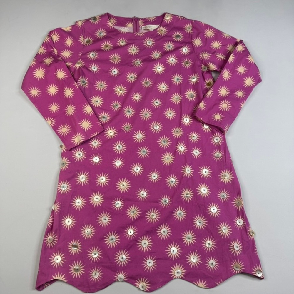 Sheridan French Shift Dress Womens Small Purple Sunburst Buttons Scalloped Hem